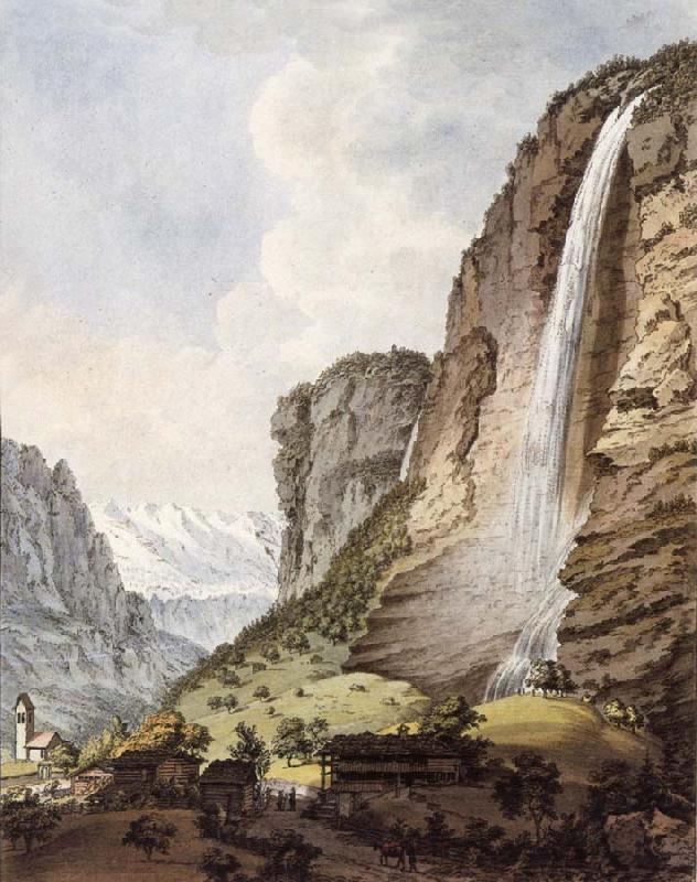 Johann Ludwig Aberli Fall d-eau apellee Staubbach in the Vallee Louterbrunen oil painting image
